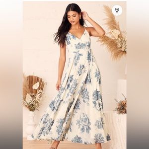 Elegantly Inclined Cream and Blue Floral Print Wrap Maxi Dress” from Lulu’s